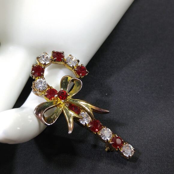 Eisenberg Ice Candy Cane Brooch, Red Clear Rhinestones, Vintage Jewelry - Picture 3 of 10